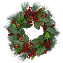 Leaves, Berry and Pine Needle Artificial Christmas Wreath - 24-Inch, Unlit