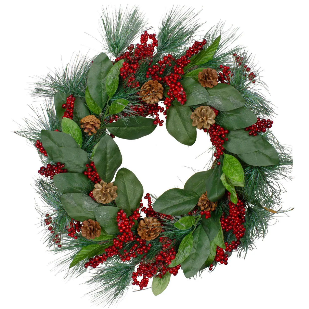 Leaves, Berry and Pine Needle Artificial Christmas Wreath - 24-Inch, Unlit
