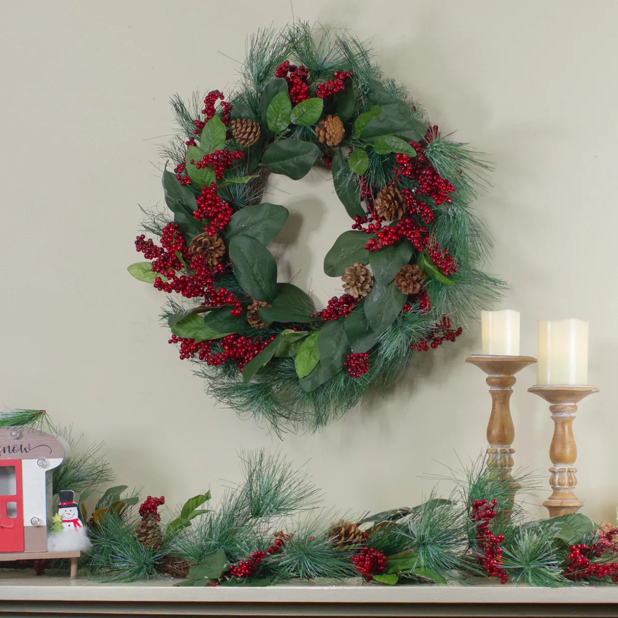 Leaves, Berry and Pine Needle Artificial Christmas Wreath - 24-Inch, Unlit