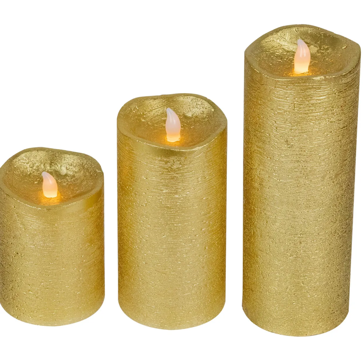 LED Brushed Flameless Christmas Pillar Candles - 8" - Gold Finish - Set of 3
