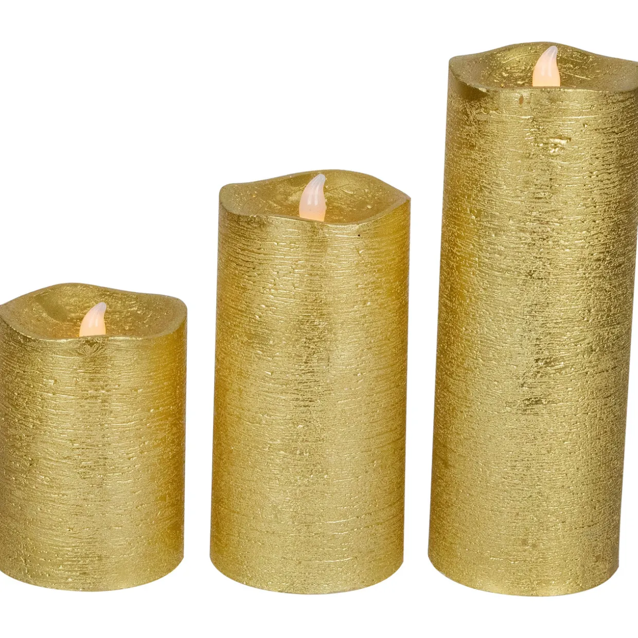 LED Brushed Flameless Christmas Pillar Candles - 8" - Gold Finish - Set of 3