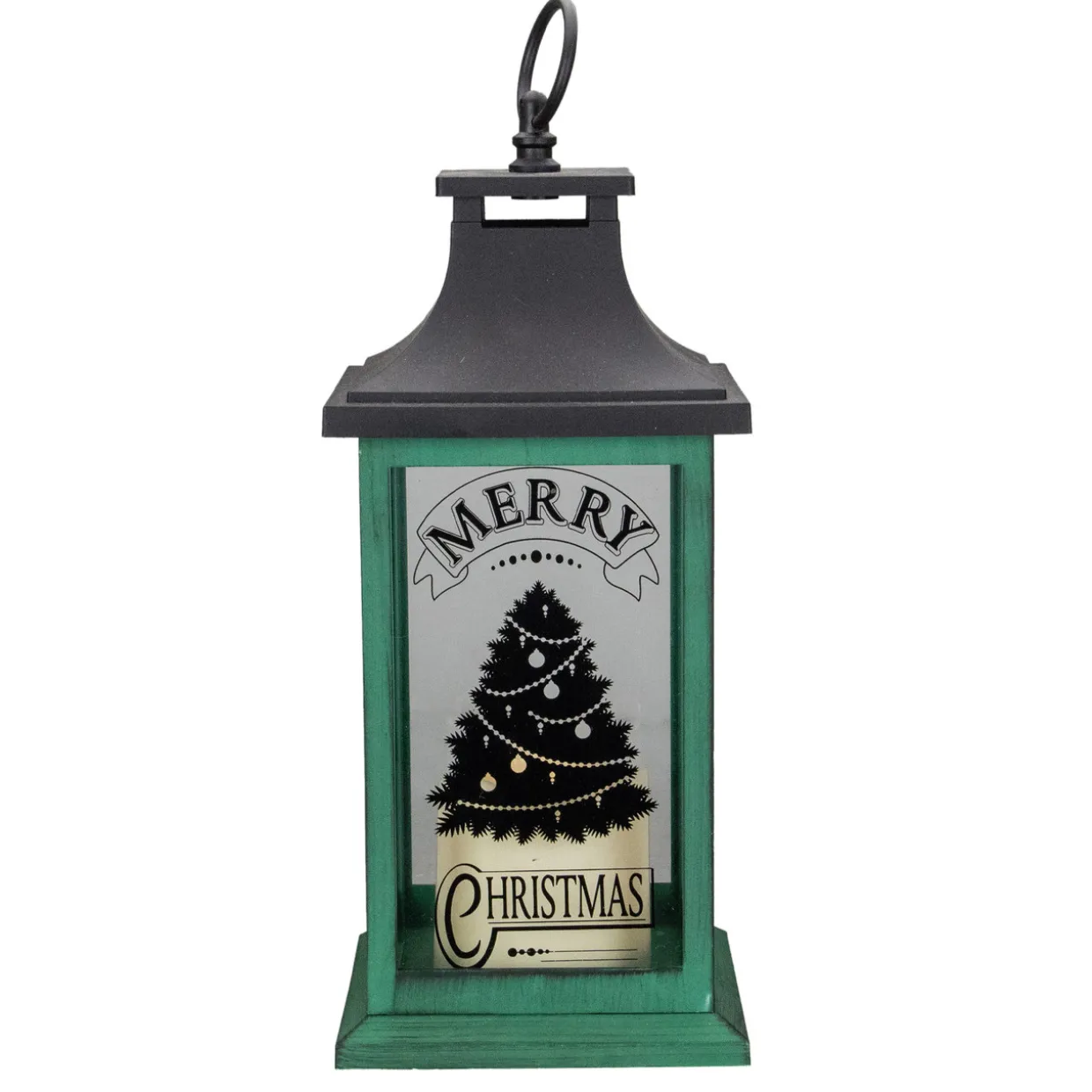 LED Candle With Christmas Tree Lantern - 12" - Green and Black