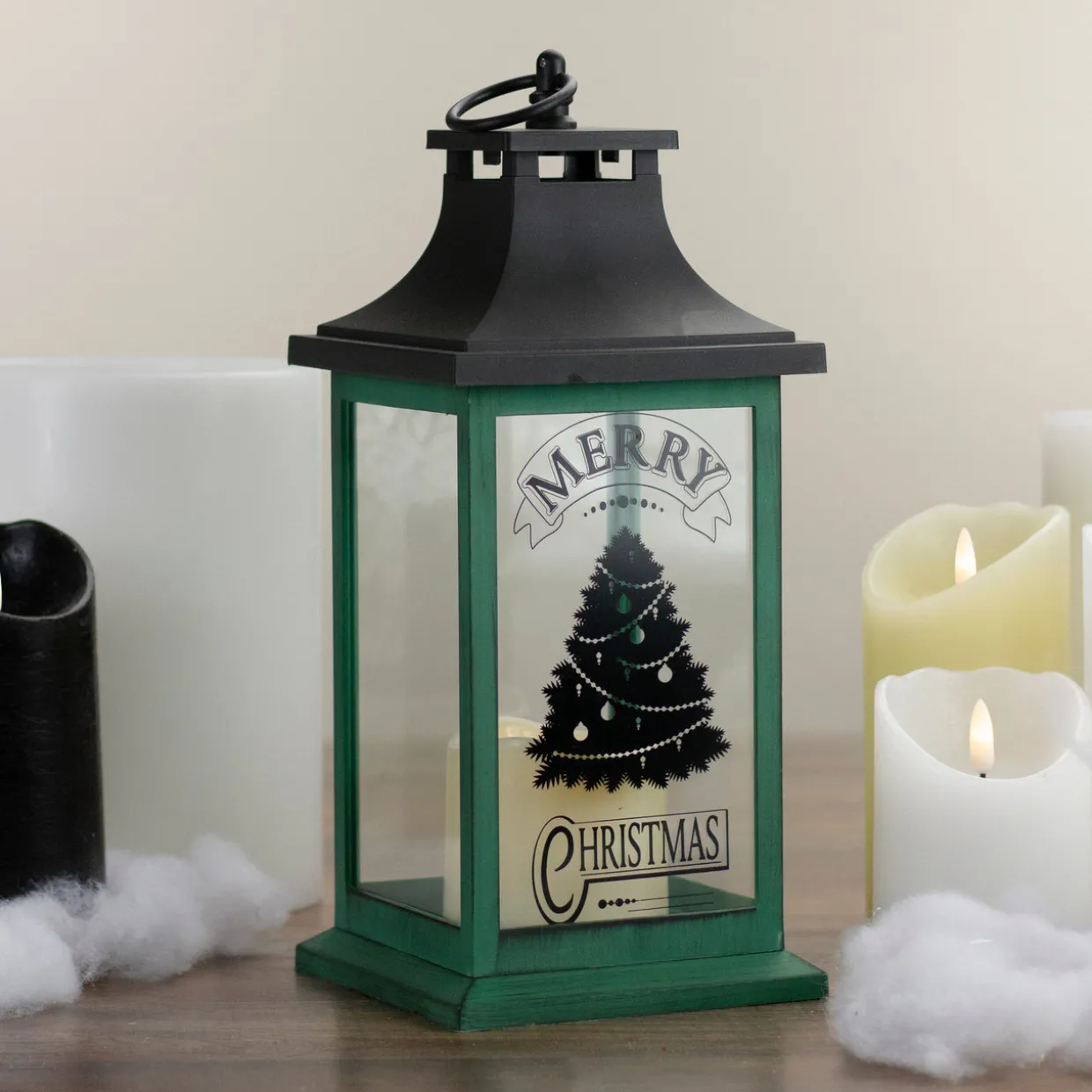 LED Candle With Christmas Tree Lantern - 12" - Green and Black