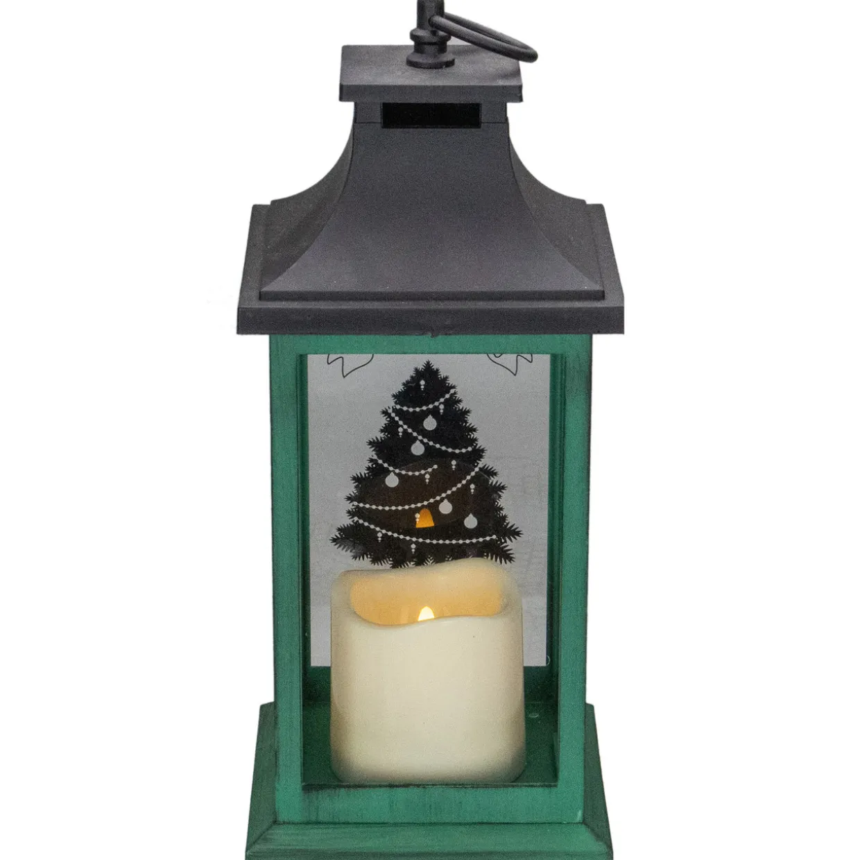 LED Candle With Christmas Tree Lantern - 12" - Green and Black