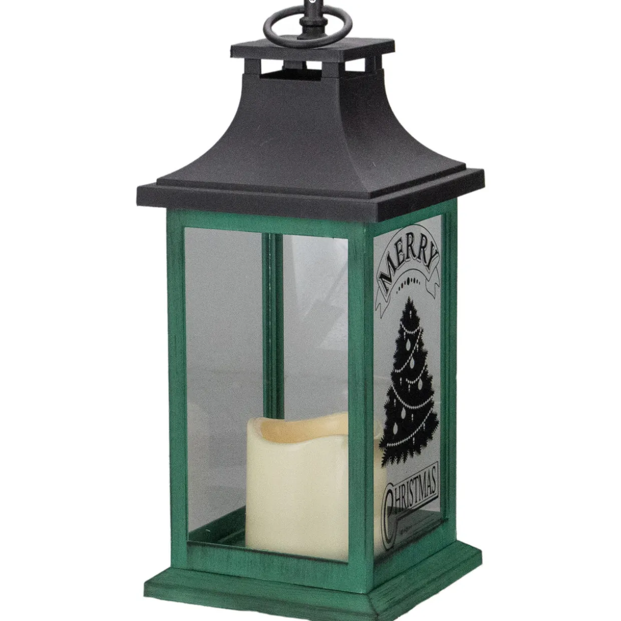 LED Candle With Christmas Tree Lantern - 12" - Green and Black