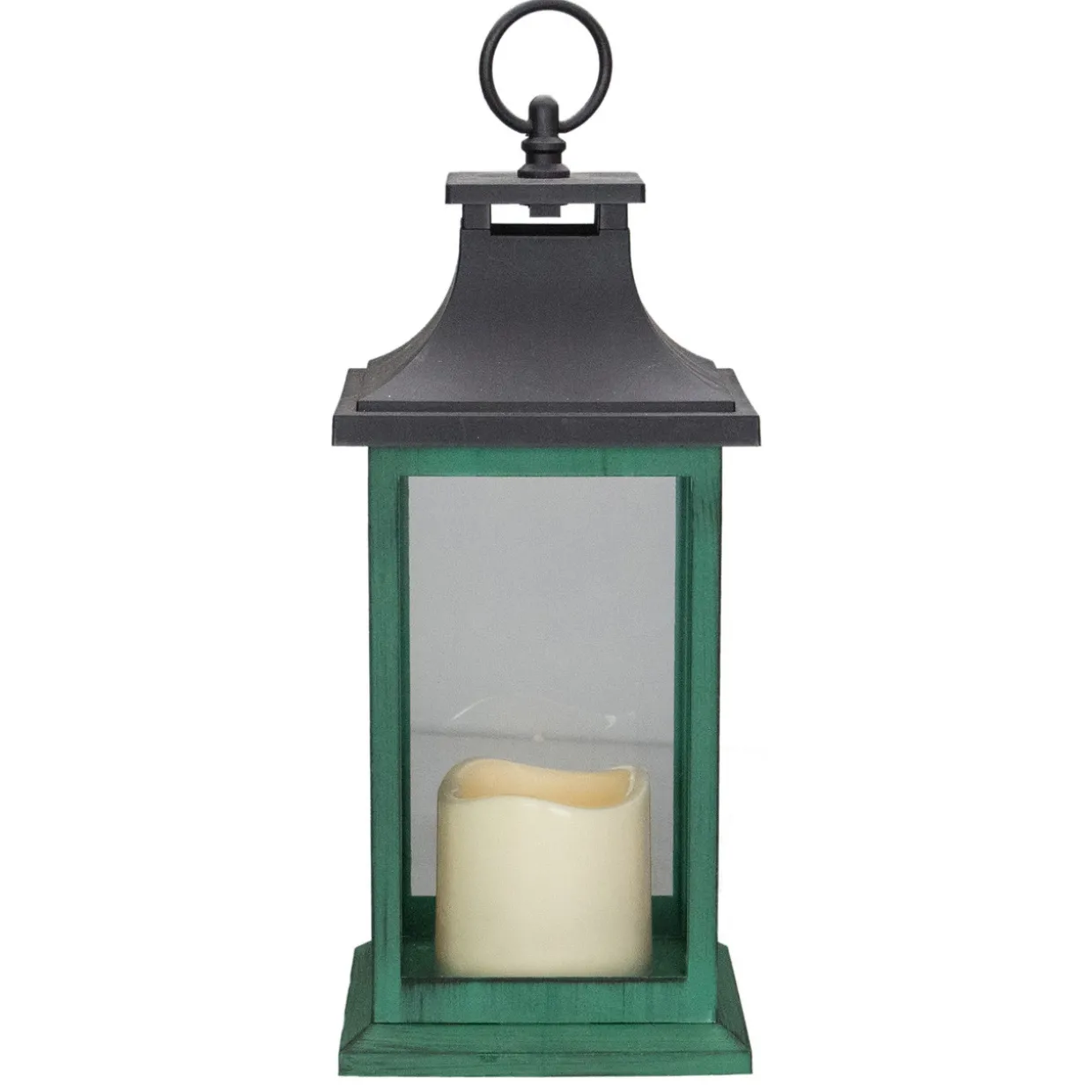 LED Candle With Christmas Tree Lantern - 12" - Green and Black
