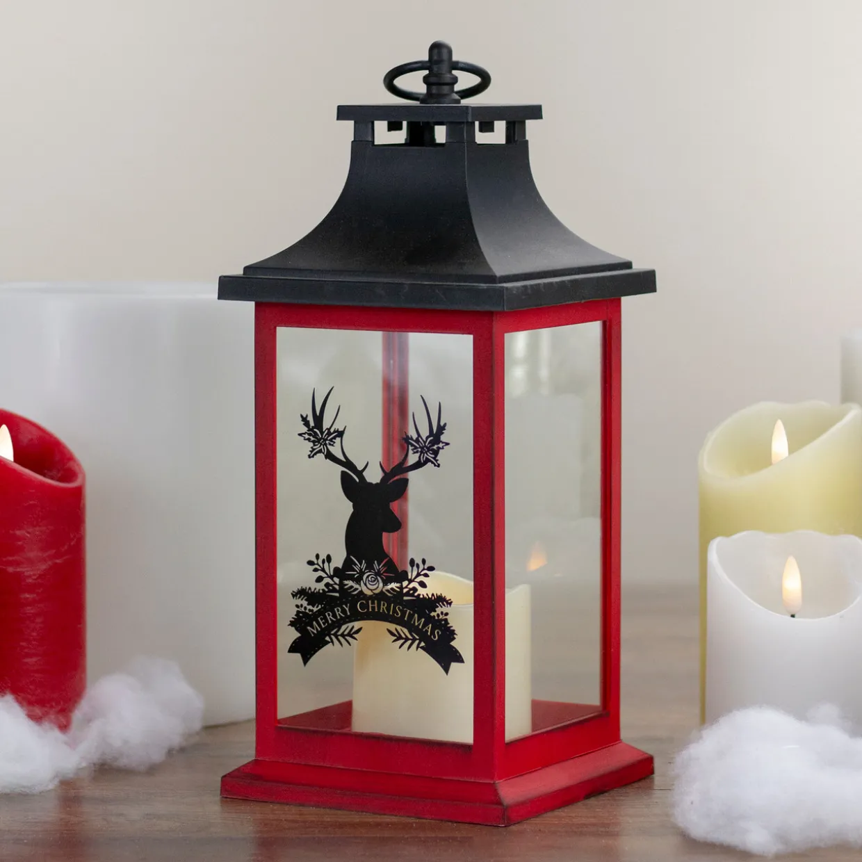 LED Candle with Deer "Merry Christmas" Lantern - 12" - Red and Black