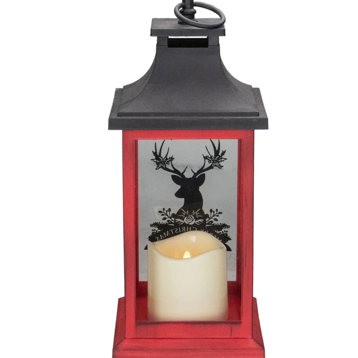 LED Candle with Deer "Merry Christmas" Lantern - 12" - Red and Black