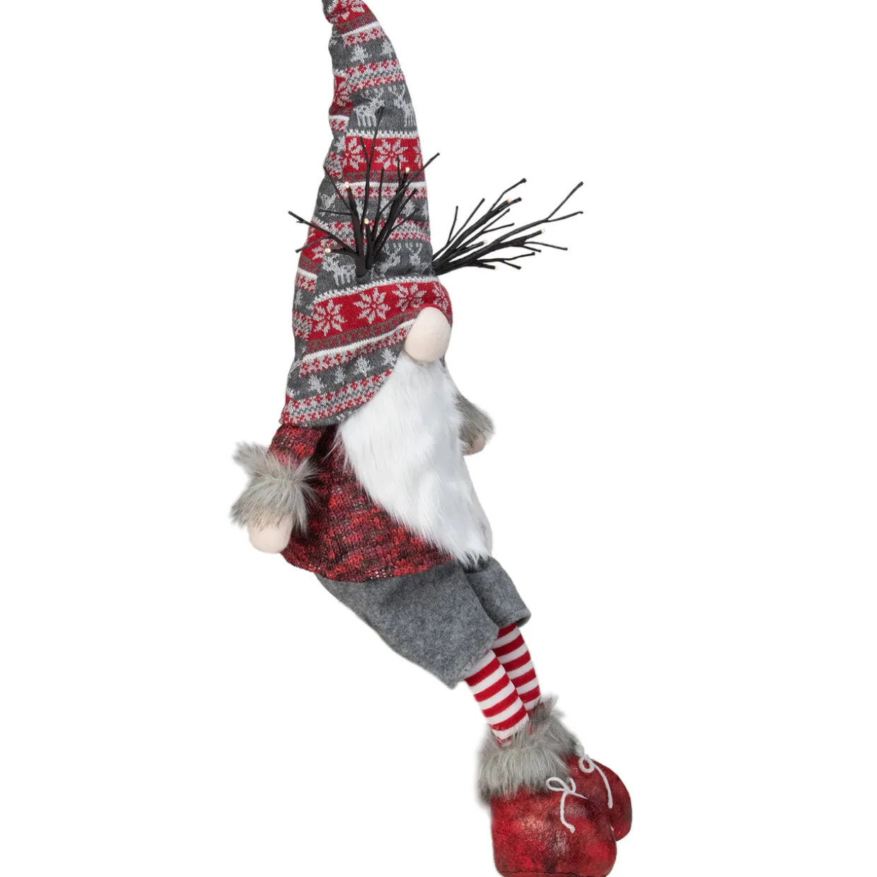 LED Christmas Gnome with Antlers and Dangling Legs - 30" - Gray and Red
