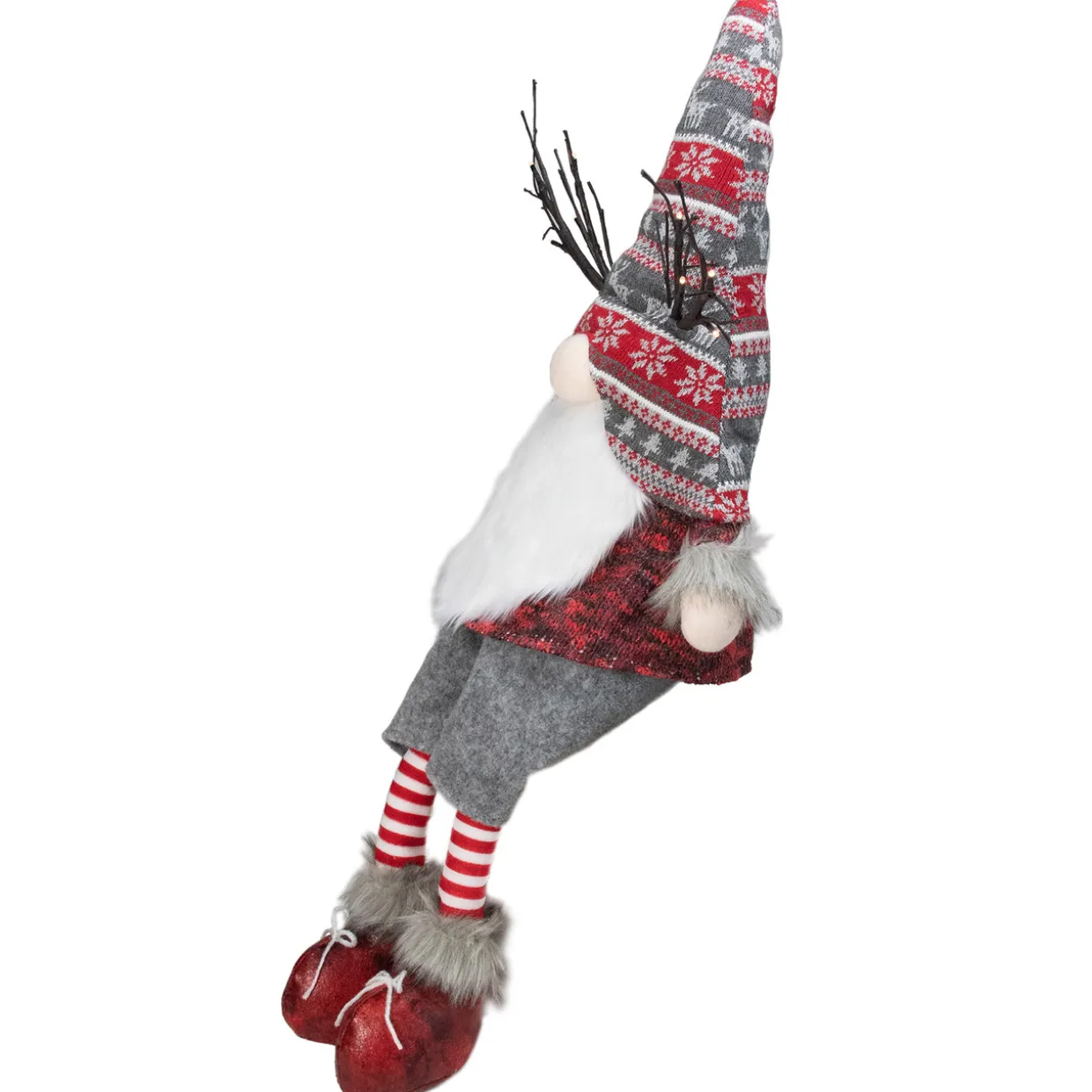 LED Christmas Gnome with Antlers and Dangling Legs - 30" - Gray and Red