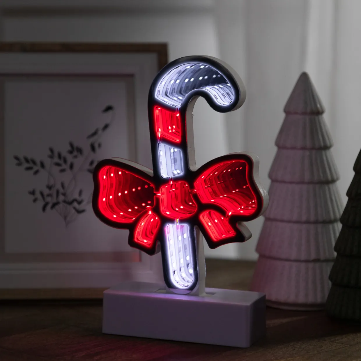 LED 3D Candy Cane with Bow Christmas Infinity Mirror - 8"