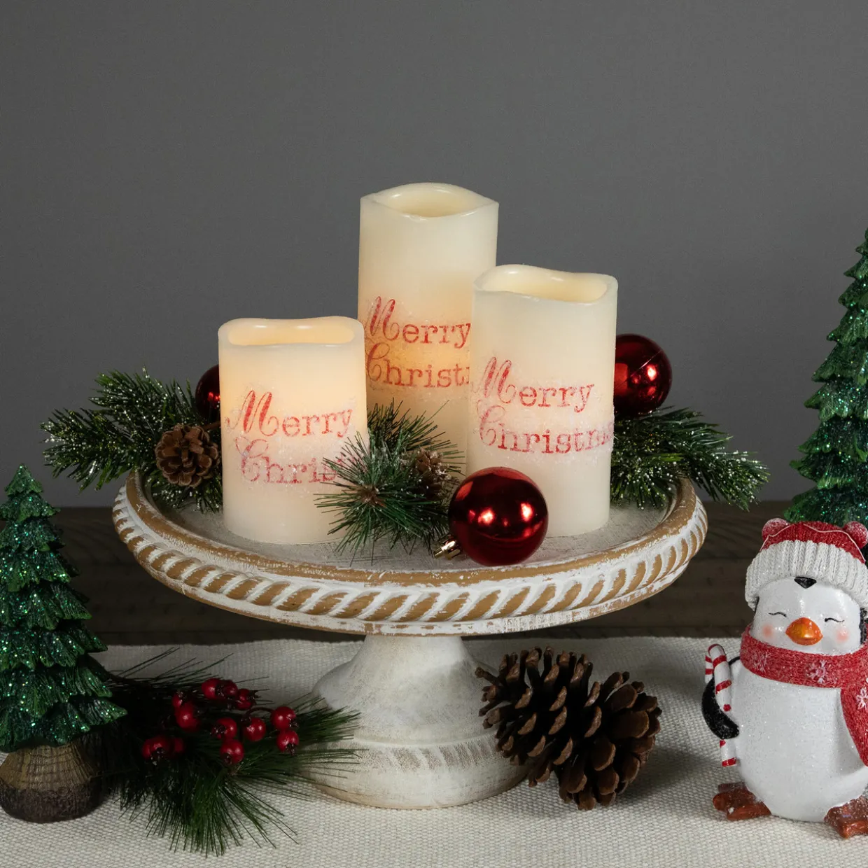 LED Flameless Frosted "Merry Christmas" Wax Pillar Candles - 6" - Set of 3