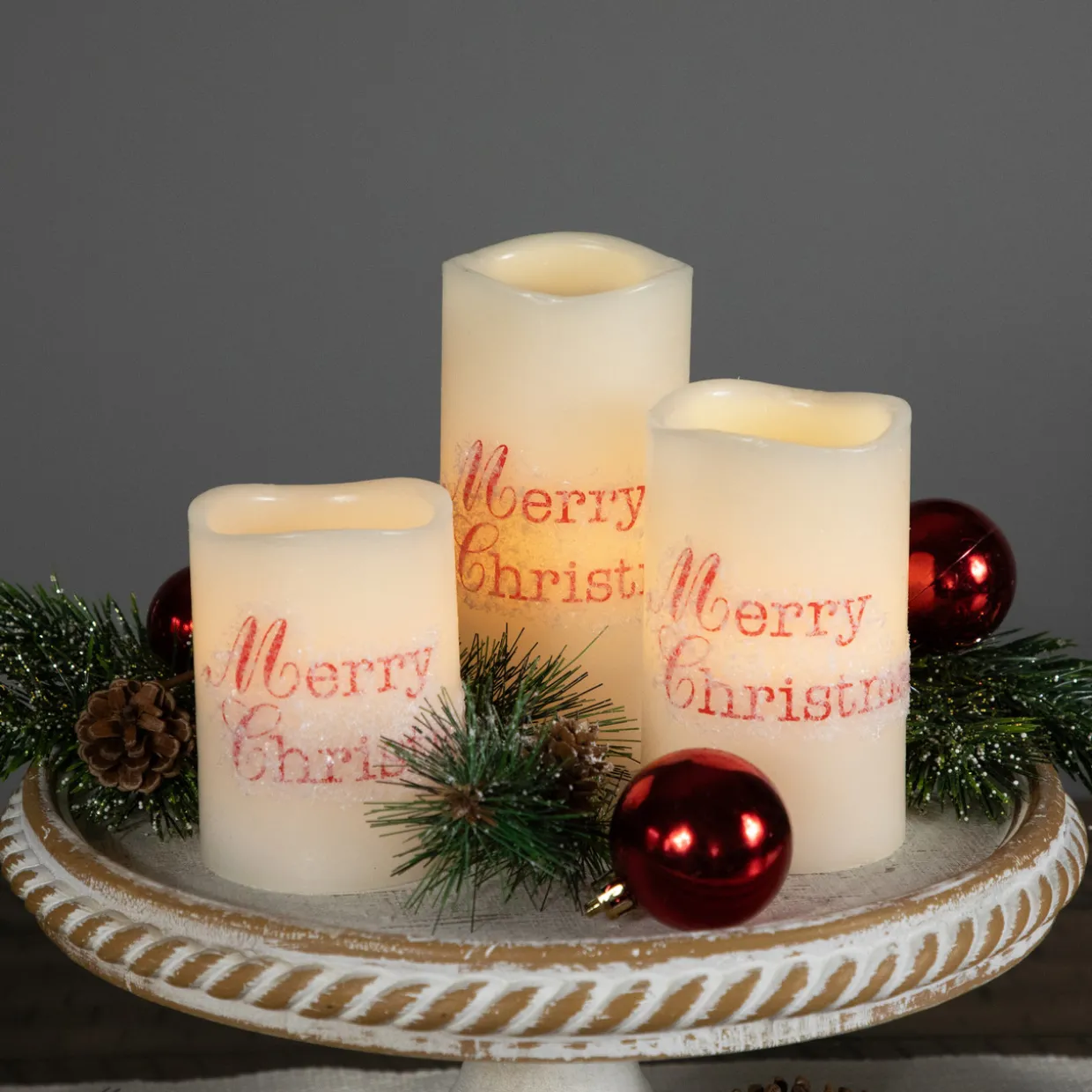 LED Flameless Frosted "Merry Christmas" Wax Pillar Candles - 6" - Set of 3