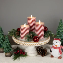 LED Flickering Flameless Candy Cane Striped Christmas Wax Pillar Candles - 6" - Set of 3