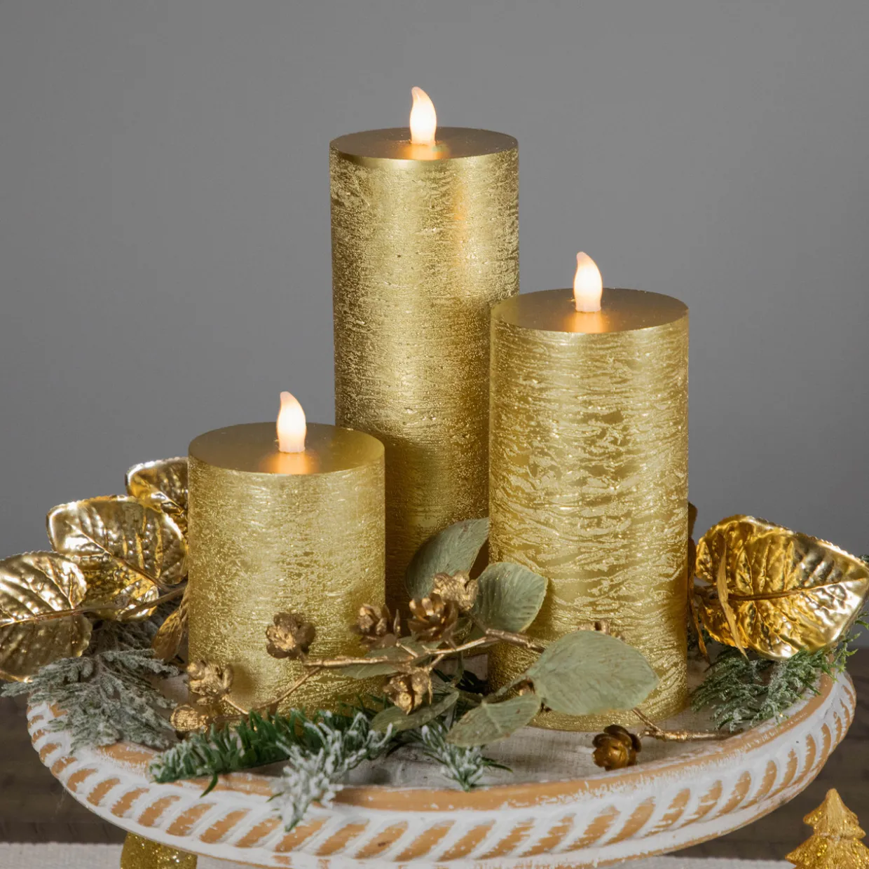 LED Flickering Flameless Pillar Christmas Candles - 8.75" - Gold - Set of 3