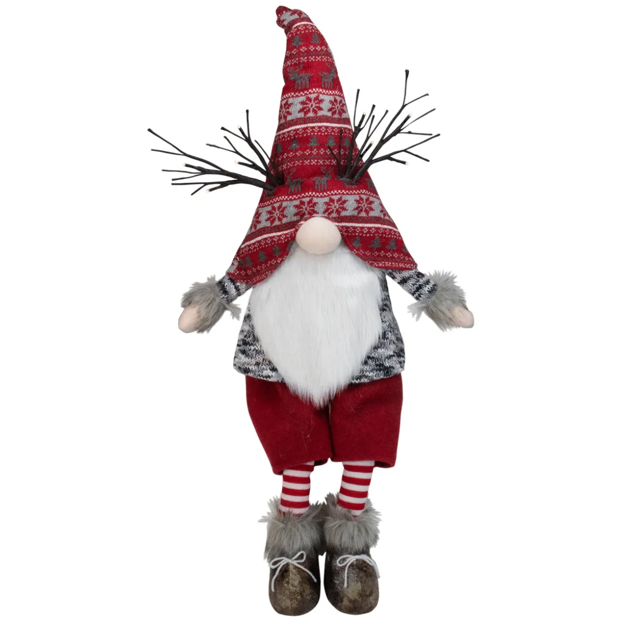 LED Lighted Antlers Fair Isle Sitting Gnome Christmas Figure - 30" - Red and Gray