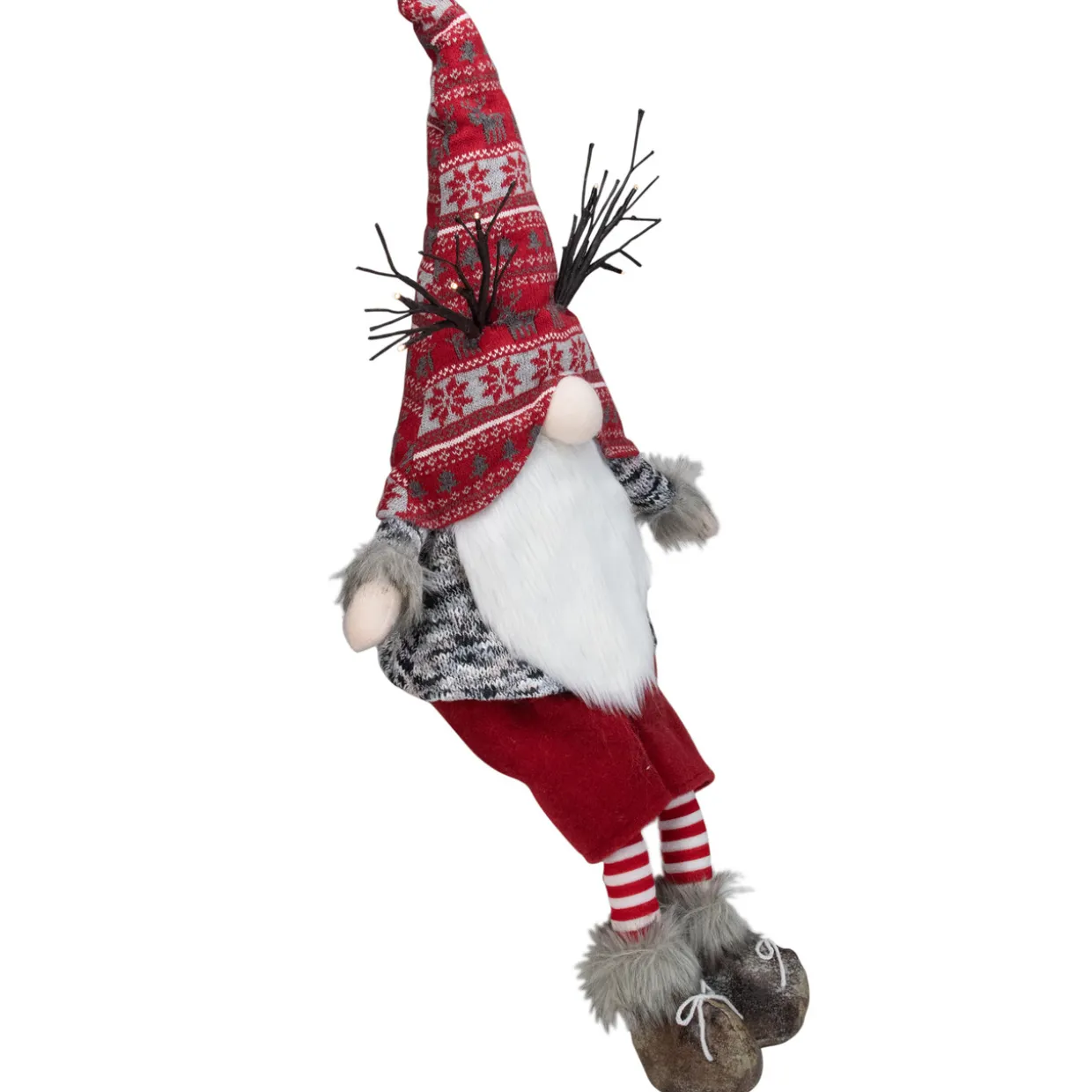 LED Lighted Antlers Fair Isle Sitting Gnome Christmas Figure - 30" - Red and Gray