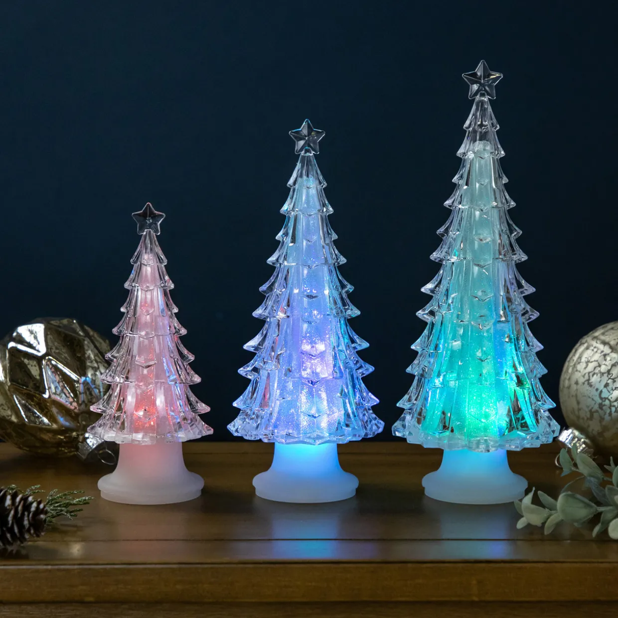 LED Lighted Color Changing Acrylic Christmas Tree Decorations - 8.5" - Set of 3