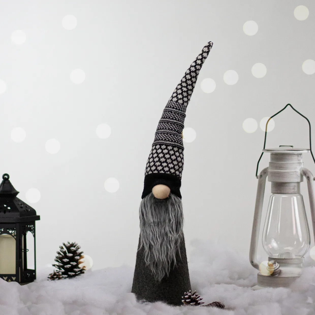 LED Lighted Cone Gnome with Knitted Hat Christmas Figure - 20" - Black and White