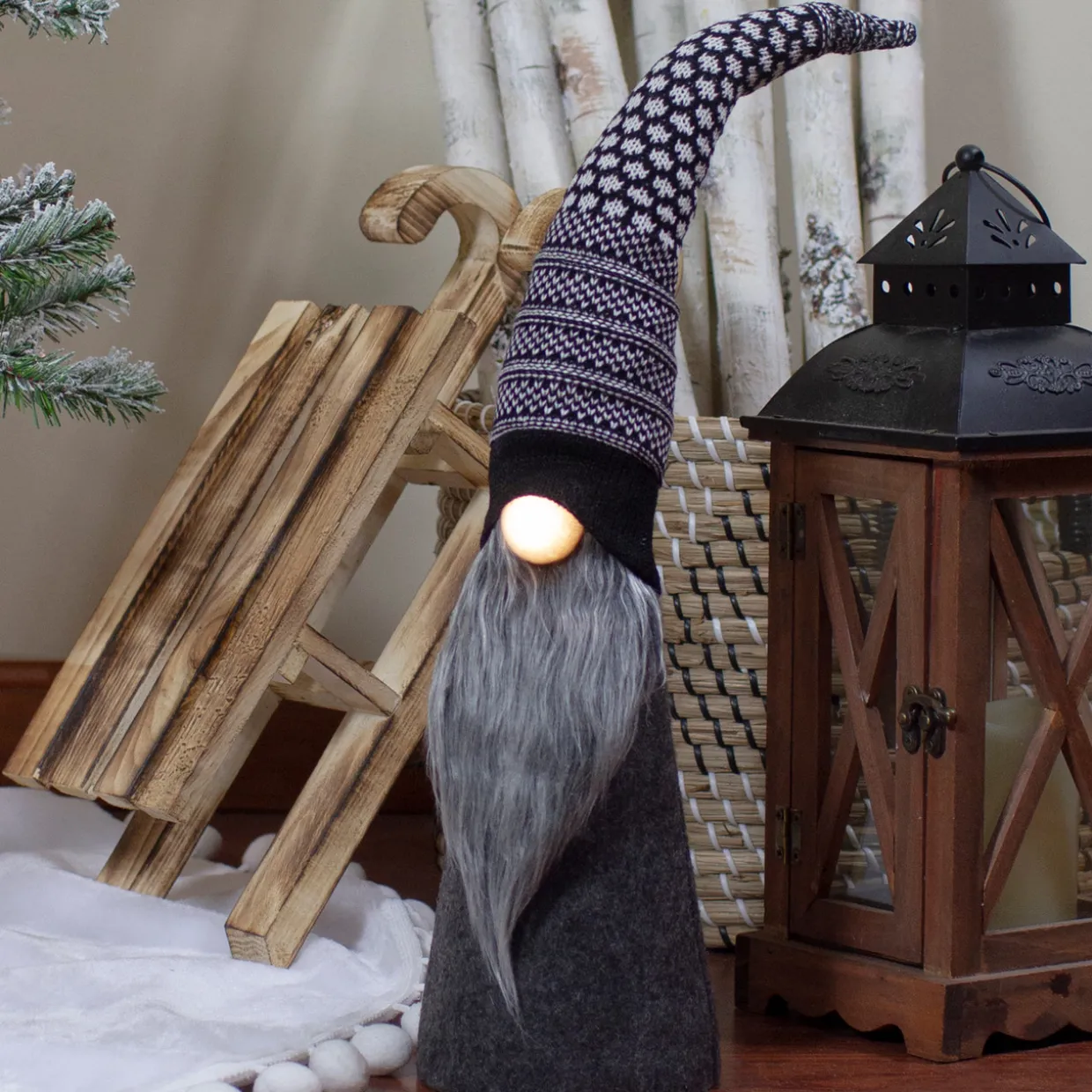 LED Lighted Cone Gnome with Knitted Hat Christmas Figure - 20" - Black and White