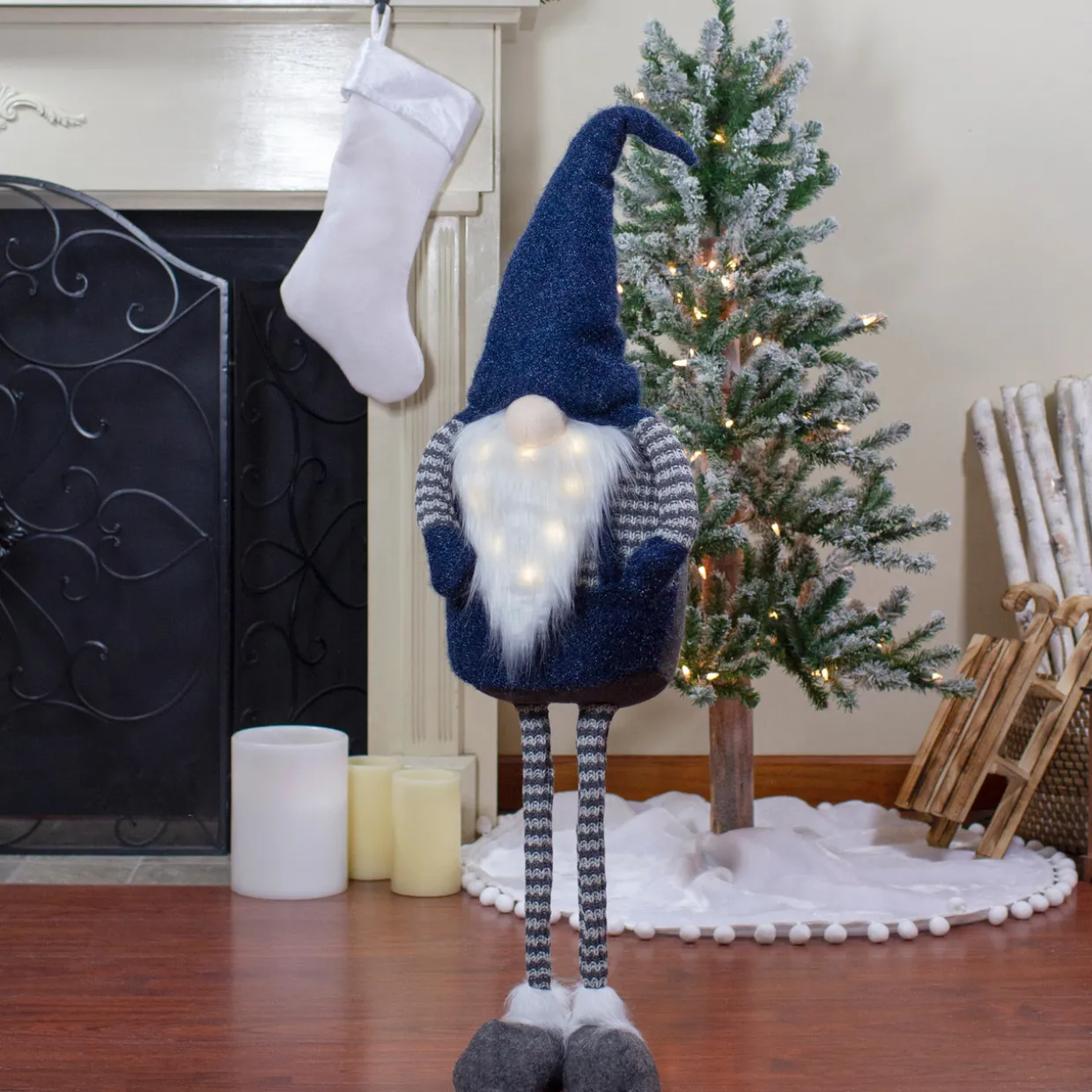 LED Lighted Extendable Gnome Christmas Figure - 41" - Blue and Gray