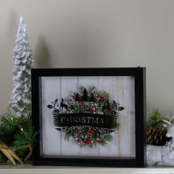 LED Lighted Framed Wreath "Merry Christmas" Box Wall Art Decoration - 14" - Black