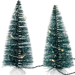 LED Lighted Frosted Mini Bottle Brush Pine Christmas Village Trees - 6" - Set of 2