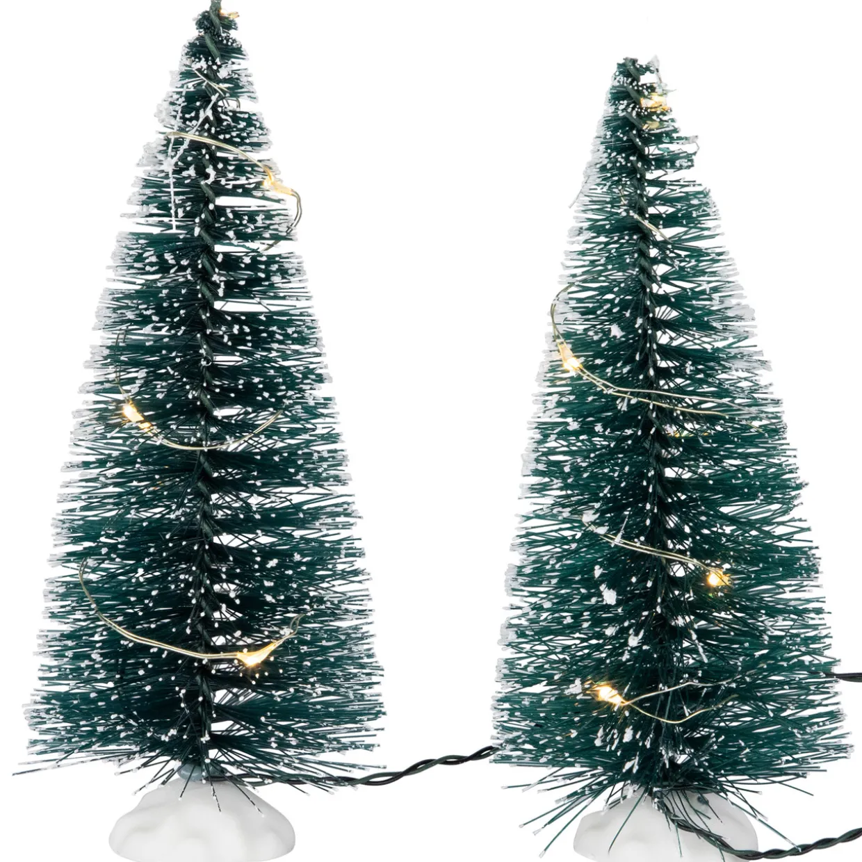 LED Lighted Frosted Mini Bottle Brush Pine Christmas Village Trees - 6" - Set of 2