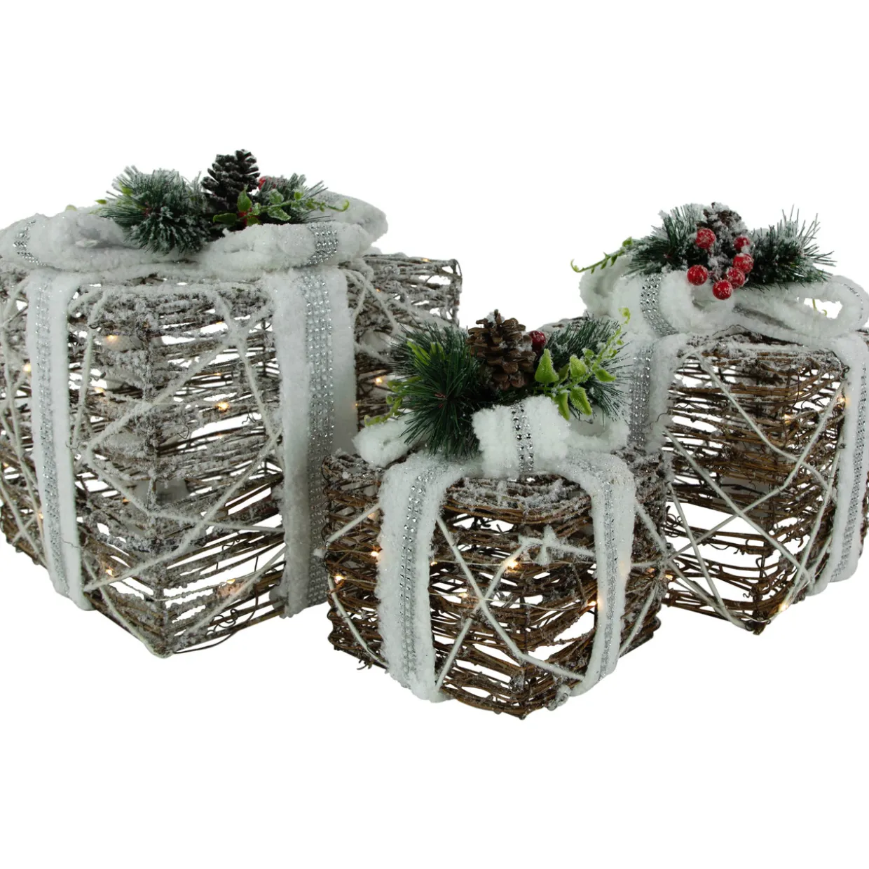 LED Lighted Gift Boxes with Pine and Berries Christmas Decorations - 9.75" - Set of 3