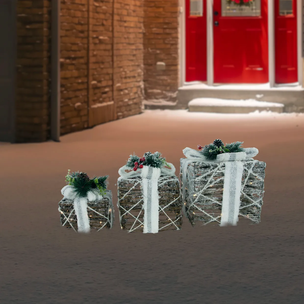 LED Lighted Gift Boxes with Pine and Berries Christmas Decorations - 9.75" - Set of 3