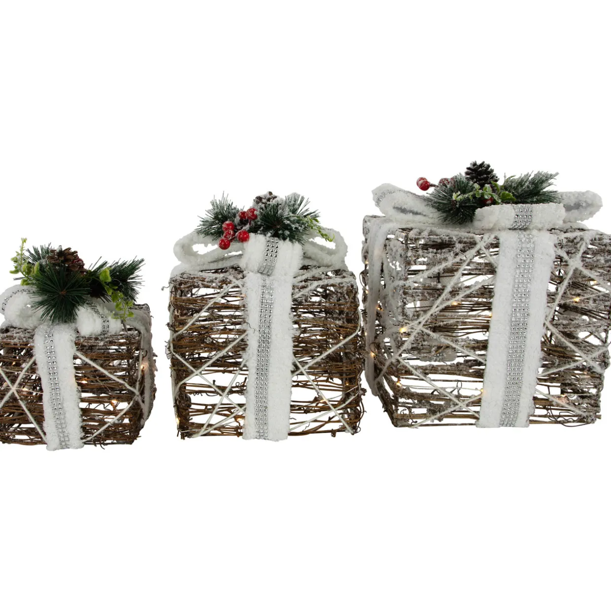 LED Lighted Gift Boxes with Pine and Berries Christmas Decorations - 9.75" - Set of 3
