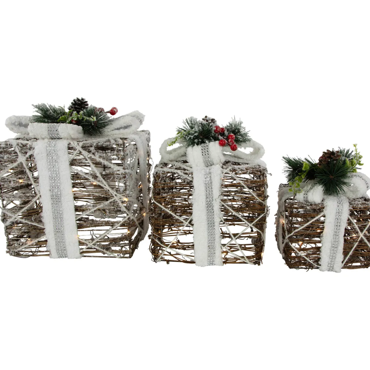 LED Lighted Gift Boxes with Pine and Berries Christmas Decorations - 9.75" - Set of 3