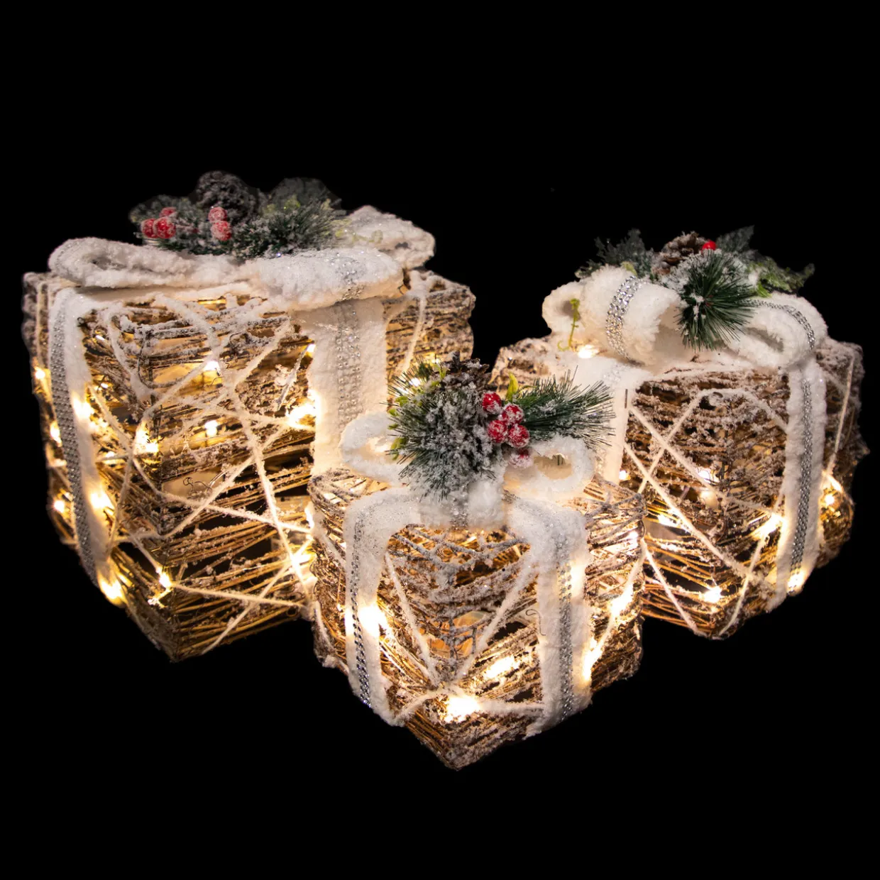 LED Lighted Gift Boxes with Pine and Berries Christmas Decorations - 9.75" - Set of 3