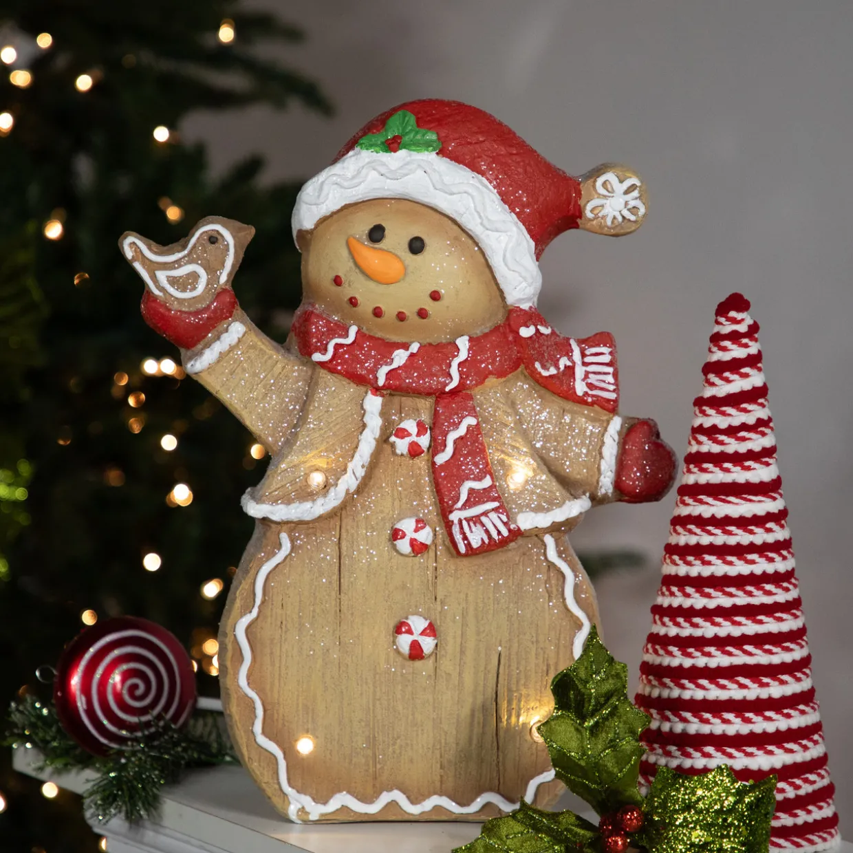 LED Lighted Gingerbread Snowman with Bird Christmas Figure - 15"