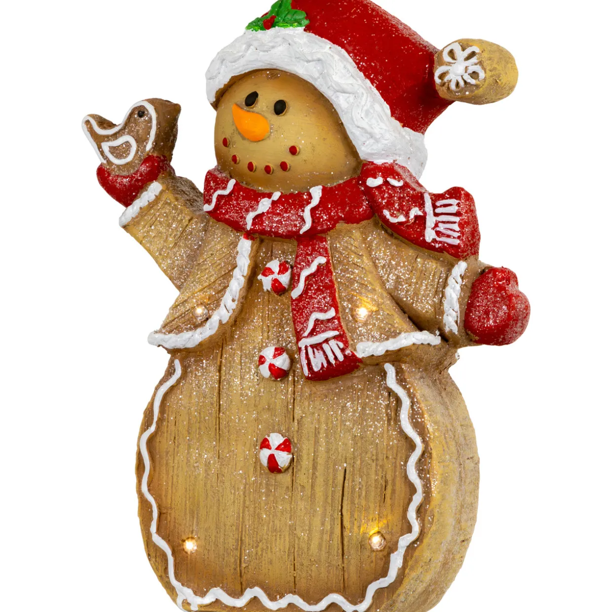 LED Lighted Gingerbread Snowman with Bird Christmas Figure - 15"