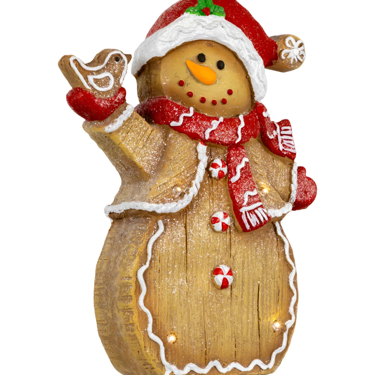 LED Lighted Gingerbread Snowman with Bird Christmas Figure - 15"
