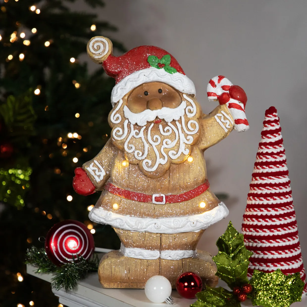 LED Lighted Gingerbread Santa with Candy Cane Christmas Figure - 15"