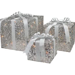 LED Lighted Glitter Threaded Gift Boxes Outdoor Christmas Decoration - Silver - Set of 3