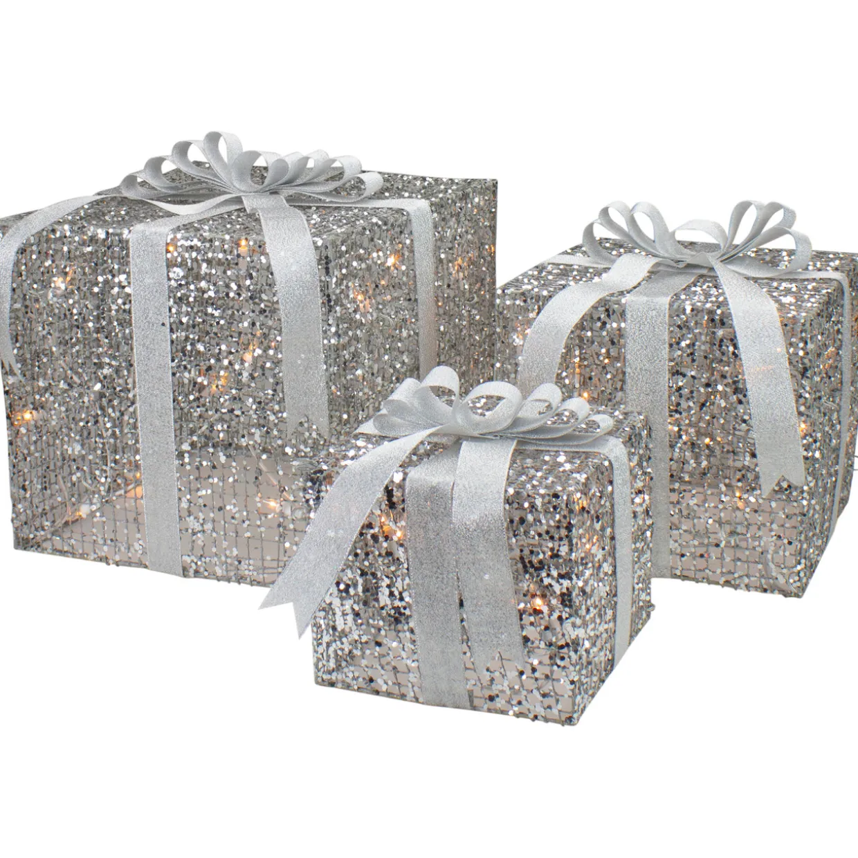 LED Lighted Glitter Threaded Gift Boxes Outdoor Christmas Decoration - Silver - Set of 3