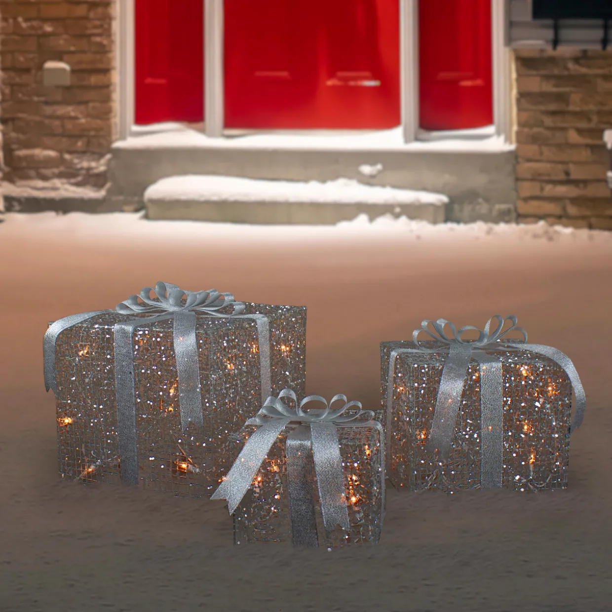 LED Lighted Glitter Threaded Gift Boxes Outdoor Christmas Decoration - Silver - Set of 3