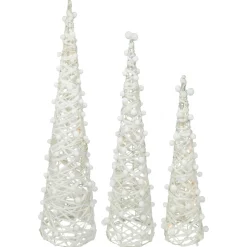 LED Lighted Glittered Cone Tree Christmas Decorations - 39.25" - White - Set of 3
