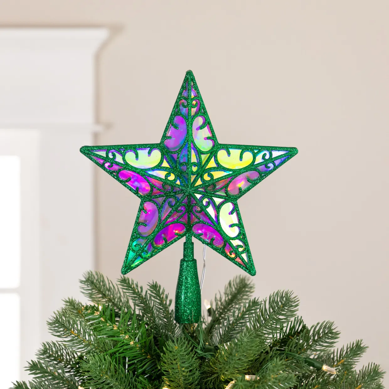 LED Lighted Glittered Star Christmas Tree Topper - 11" - Green - Multicolor Lights