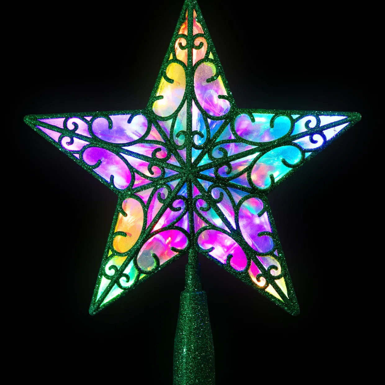 LED Lighted Glittered Star Christmas Tree Topper - 11" - Green - Multicolor Lights
