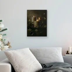 LED Lighted Glittery Gold Flickering Candles Christmas Canvas Wall Art 15.75" x 11.75"