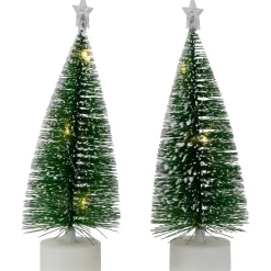LED Lighted Mini Bottle Brush Pine Christmas Village Trees - Warm White - Set of 2