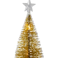 LED Lighted Mini Bottle Brush Pine Christmas Village Trees - Gold Finish - Set of 2