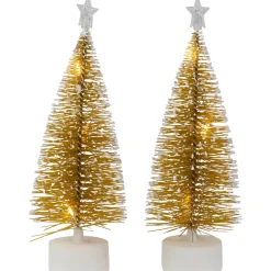 LED Lighted Mini Bottle Brush Pine Christmas Village Trees - Gold Finish - Set of 2