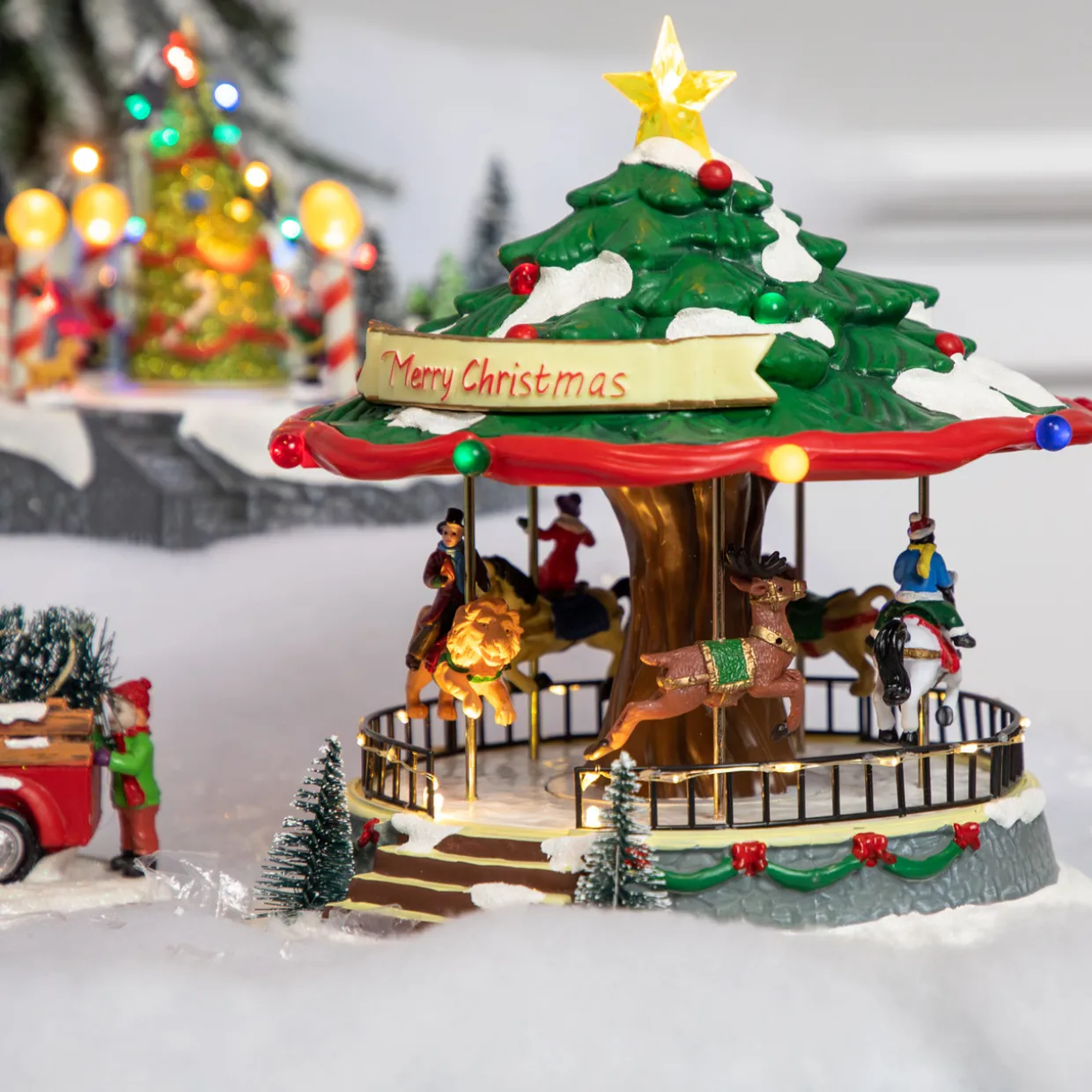 LED Lighted Musical and Animated Christmas Carousel Village Display - 10.5"