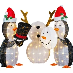 LED Lighted Penguins Building Snowman Outdoor Christmas Decoration - 35" - Set of 3