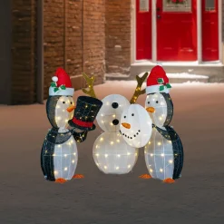 LED Lighted Penguins Building Snowman Outdoor Christmas Decoration - 35" - Set of 3